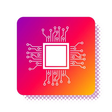 Beyaz arkaplanda beyaz İşlemci simgesi izole edildi. İşlemci, merkezi işlem birimi, mikroçip, mikro devre, bilgisayar işlemcisi, çip. Kare renk düğmesi. Vektör İllüstrasyonu