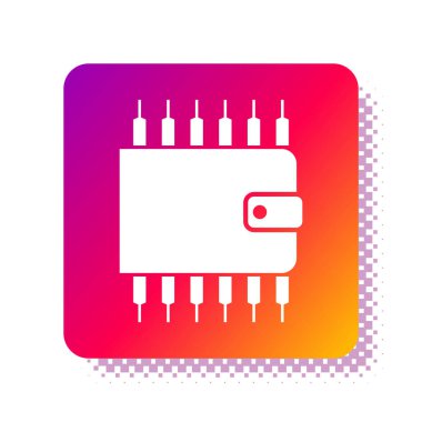 Beyaz kripto para birimi cüzdan simgesi beyaz arkaplanda izole edildi. Cüzdan ve bitcoin işareti. Maden konsepti. Para, ödeme, nakit, ödeme ikonu. Kare renk düğmesi. Vektör İllüstrasyonu