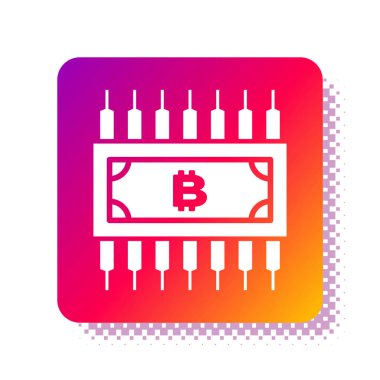 Beyaz kripto para birimi bitcoin beyaz zemin üzerinde izole edilmiş mikroçip devre ikonu ile daire içinde. Engelleme teknolojisi, dijital para piyasası. Kare renk düğmesi. Vektör İllüstrasyonu