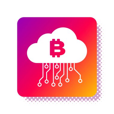 Beyaz Kripto para birimi bulut maden ikonu beyaz arka planda izole. Engelleme teknolojisi, bitcoin, dijital para piyasası, kripto para cüzdanı. Kare renk düğmesi. Vektör İllüstrasyonu