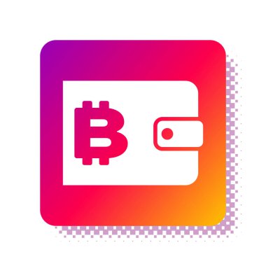 Beyaz kripto para birimi cüzdan simgesi beyaz arkaplanda izole edildi. Cüzdan ve bitcoin işareti. Maden konsepti. Para, ödeme, nakit, ödeme ikonu. Kare renk düğmesi. Vektör İllüstrasyonu