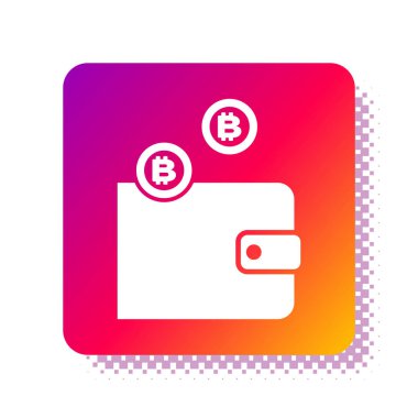 Beyaz kripto para birimi cüzdan simgesi beyaz arkaplanda izole edildi. Cüzdan ve bitcoin işareti. Maden konsepti. Para, ödeme, nakit, ödeme ikonu. Kare renk düğmesi. Vektör İllüstrasyonu