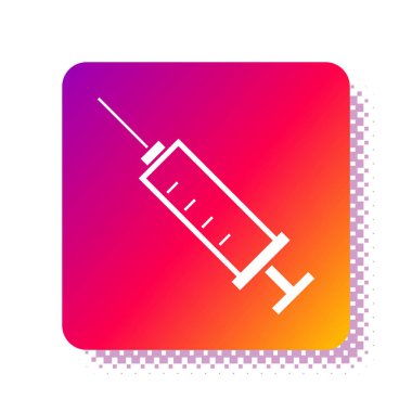 Beyaz arka planda beyaz şırınga simgesi izole edildi. Aşı için şırınga, aşı, iğne, grip aşısı. Tıbbi ekipman. Kare renk düğmesi. Vektör İllüstrasyonu
