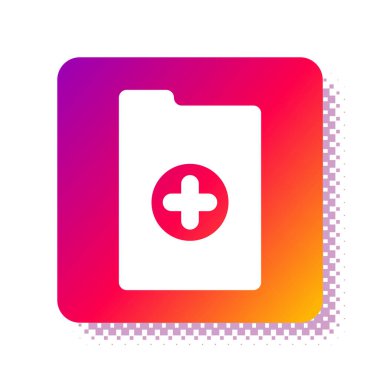 Beyaz arka planda izole edilmiş klinik kayıt simgesi olan beyaz tıbbi pano. Sağlık sigortası formu. Reçete, tıbbi kontrol işaretleri raporu. Kare renk düğmesi. Vektör İllüstrasyonu