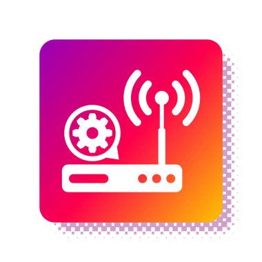 Beyaz Yönlendirici, kablosuz ağ sinyali ve beyaz arka planda izole edilmiş dişli ikonu. Uygulama, servis konsepti, ayar seçenekleri, bakım, onarım, onarım. Kare renk düğmesi. Vektör İllüstrasyonu