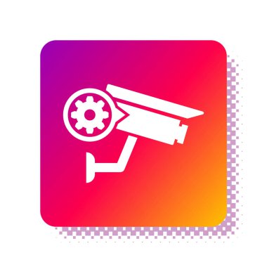 Beyaz güvenlik kamerası ve teçhizat ikonu beyaz arka planda izole edildi. Uygulama, servis konsepti, ayar seçenekleri, bakım, onarım, onarım. Kare renk düğmesi. Vektör İllüstrasyonu