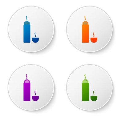 Beyaz arkaplanda izole edilmiş renkli termos konteynır simgesi. Termo matara ikonu. Kamp ve yürüyüş ekipmanları. Simgeleri daire düğmelerine ayır. Vektör İllüstrasyonu