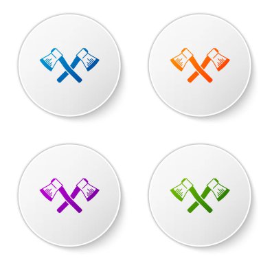 Renkli ahşap balta simgesi beyaz arkaplanda izole edilmiş. Oduncu baltası. Simgeleri daire düğmelerine ayır. Vektör İllüstrasyonu