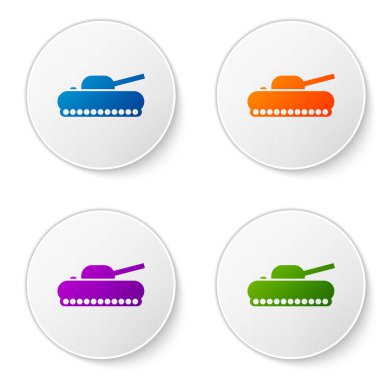 Beyaz arka planda izole edilmiş renkli askeri tank simgesi. Simgeleri daire düğmelerine ayır. Vektör İllüstrasyonu