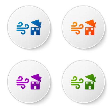 Renkli Tornado girdabı beyaz arkaplanda izole edilmiş çatı simgesine zarar verir. Kasırga, kasırga, fırtına bacası, kasırga rüzgar ikonu. Simgeleri daire düğmelerine ayır. Vektör İllüstrasyonu