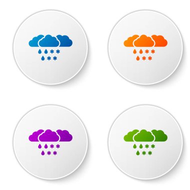 Beyaz zemin üzerinde kar ve yağmur ikonu olan renkli bulut. Hava durumu simgesi. Simgeleri daire düğmelerine ayır. Vektör İllüstrasyonu