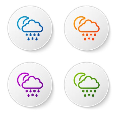 Beyaz zemin üzerinde kar ve yağmur ikonu olan renkli bulut. Hava durumu simgesi. Simgeleri daire düğmelerine ayır. Vektör İllüstrasyonu