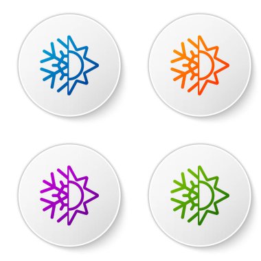 Color Hot ve Cold sembolü. Beyaz zemin üzerinde izole edilmiş güneş ve kar tanesi simgesi. Kış ve yaz sembolü. Simgeleri daire düğmelerine ayır. Vektör İllüstrasyonu