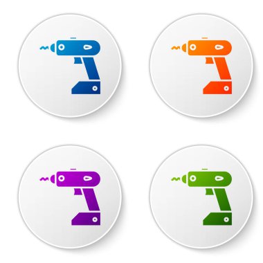 Beyaz arkaplanda izole edilmiş renkli elektrik kablosuz tornavida simgesi. Elektrikli matkap. Tamir aleti. Simgeleri daire düğmelerine ayır. Vektör İllüstrasyonu