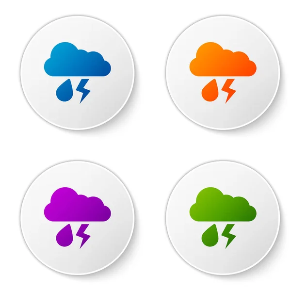 彩云与雨和闪电图标隔离在白色背景 带雨滴的雨云降水 风暴的气象标志 在圆形按钮中设置图标 病媒图解 — 图库矢量图片