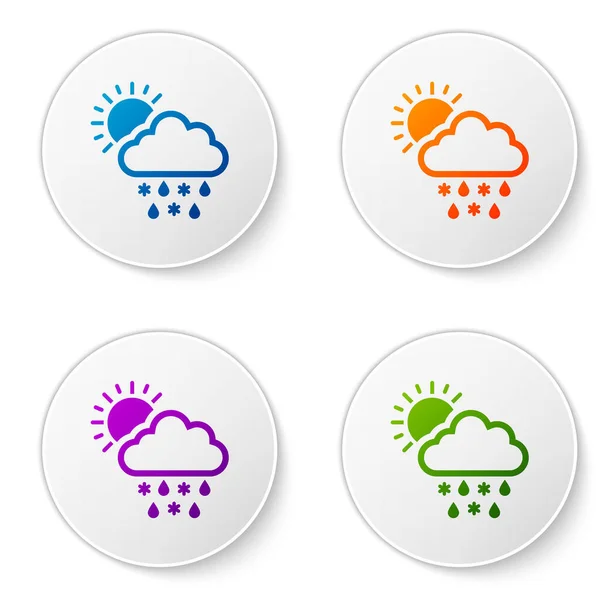 彩云与雪 雨和太阳图标隔离在白色的背景 天气图标 在圆形按钮中设置图标 病媒图解 — 图库矢量图片