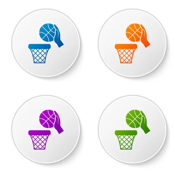 Mano Color Con Pelota Baloncesto Canasta Icono Aislado Sobre Fondo — Vector de stock