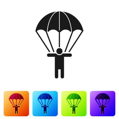 Siyah Paraşüt ve siluet kişi simgesi beyaz arkaplanda izole edildi. Renkli kare düğmelerle simgeleri ayarla. Vektör İllüstrasyonu