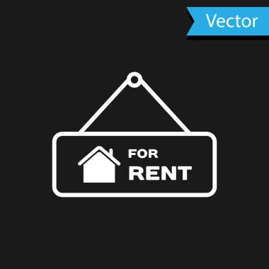 Siyah arkaplanda Kiralık Simge için Beyaz Asılma işareti var. Kiralık mesajlı pano. Vektör İllüstrasyonu