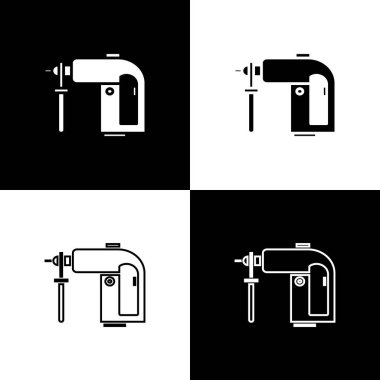 Siyah beyaz arkaplanda elektirikli döner çekiç matkabı simgesini ayır. İnşaat, onarım ve onarım için kullanılan bir alet. Vektör İllüstrasyonu