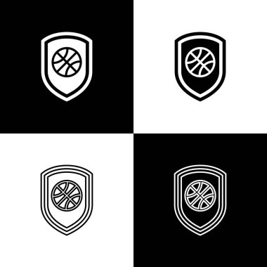 Kalkan 'ı siyah beyaz arka planda izole edilmiş ikonun içindeki basketbol topuna yerleştir. Vektör İllüstrasyonu