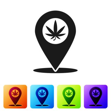 Beyaz arka planda siyah harita işaretleyici ve marihuana veya kenevir yaprağı ikonu var. Kenevir sembolü. Renkli kare düğmelerle simgeleri ayarla. Vektör İllüstrasyonu