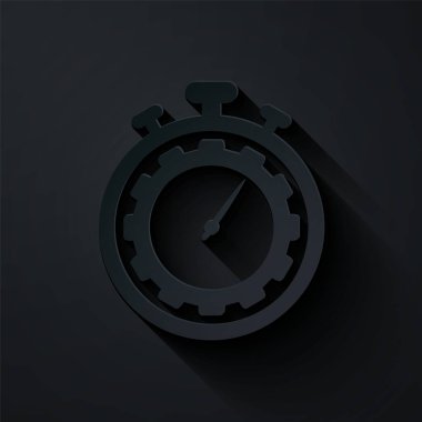 Kağıt kesiği Zaman Yönetimi simgesi siyah arkaplanda izole edildi. Saat ve vites tabelası. Üretkenlik sembolü. Kağıt sanatı tarzı. Vektör İllüstrasyonu