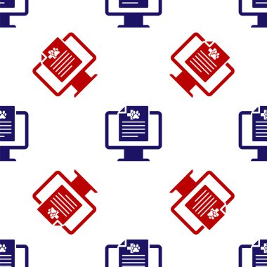 Monitör ikonundaki mavi ve kırmızı tıbbi kayıt evcil hayvanı beyaz arka planda izole edilmiş kusursuz desen. Sağlık sigortası formu. Reçete, tıbbi kontrol işaretleri raporu. Vektör İllüstrasyonu