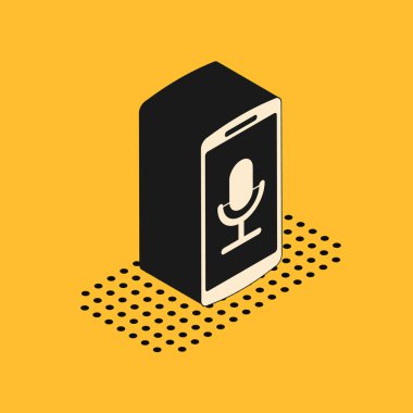 Sarı arkaplanda izole edilmiş Isometric Mobile kayıt simgesi. Mikrofonlu cep telefonu. Ses kaydedici uygulama akıllı telefon arayüzü. Vektör İllüstrasyonu