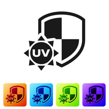 Siyah UV koruma simgesi beyaz arkaplanda izole edildi. Güneş ve kalkan. Ultra menekşe ışınları radyasyon. Güneş ışığı işareti. Renkli kare düğmelerle simgeleri ayarla. Vektör İllüstrasyonu