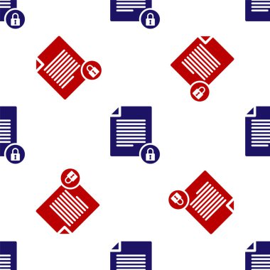 Mavi ve kırmızı belge ve kilit simgesi beyaz arkaplanda izole edilmiş kusursuz desen. Dosya biçimi ve asma kilit. Güvenlik, güvenlik, koruma kavramı. Vektör İllüstrasyonu