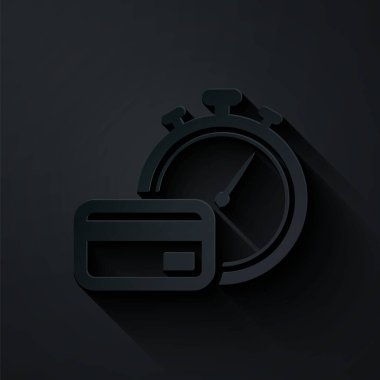 Kağıt kesiği siyah arkaplanda izole edilmiş hızlı ödeme simgesi. Hızlı para transferi ödemesi. Finansal hizmetler, hızlı kredi, zaman para, nakit iade konsepti. Kağıt sanatı tarzı. Vektör İllüstrasyonu