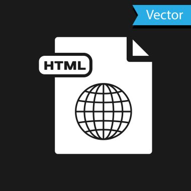 Beyaz Html dosya belgesi. Siyah arkaplanda html düğmesi simgesi indir. Html dosya sembolü. İşaretleme dili sembolü. Vektör İllüstrasyonu