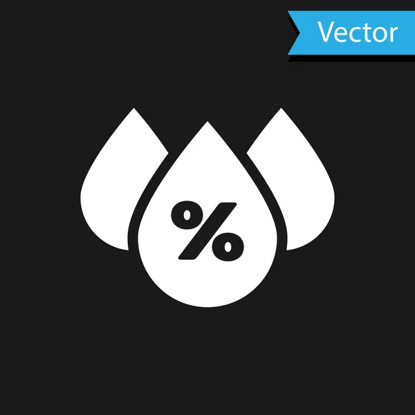 Icono de porcentaje de gota de agua blanca aislado sobre fondo negro. Análisis de humedad. Ilustración vectorial — Vector de stock