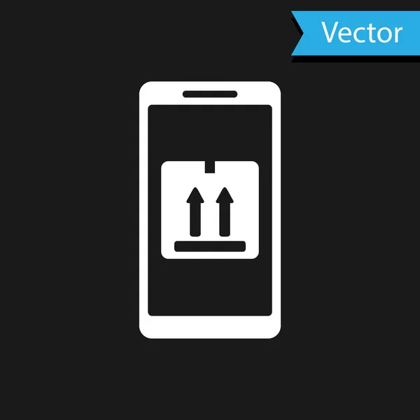 Teléfono inteligente móvil blanco con icono de seguimiento de entrega de aplicaciones aislado en fondo negro. Seguimiento de paquetes. Ilustración vectorial — Vector de stock