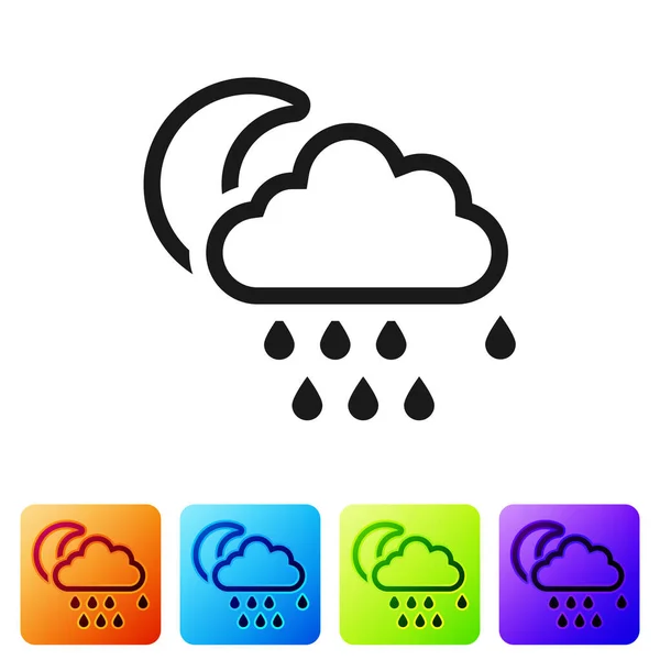 Schwarze Wolke mit Regen und Mondsymbol auf weißem Hintergrund. Regenwolken Niederschlag mit Regentropfen. setzen Sie Symbole in farbigen quadratischen Buttons. Vektorillustration — Stockvektor