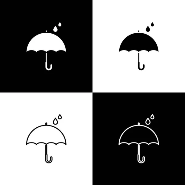 Set Umbrella and rain drops icon isolated on black and white background. Waterproof icon. Protection, safety, security concept. Water resistant symbol. Vector Illustration — Stock Vector