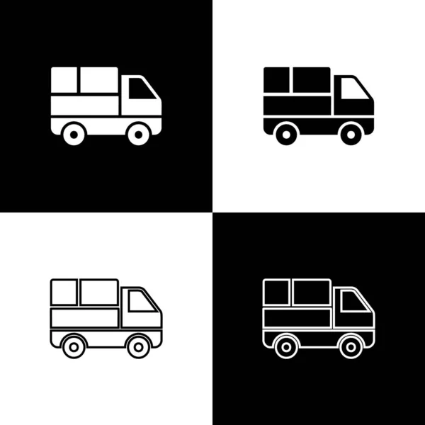 Set Delivery truck with cardboard boxes behind icon isolated on black and white background. Vector Illustration — Stock Vector