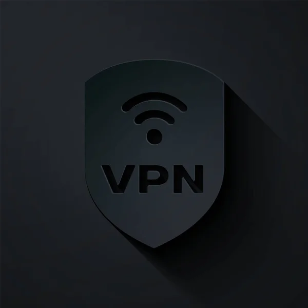 纸切割盾牌与Vpn和无线网际网路图标隔离在黑色背景. Vpn保护安全概念。 造纸艺术风格。 病媒图解 — 图库矢量图片