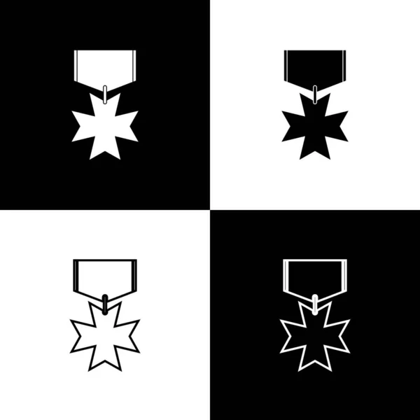 Establezca el icono de la medalla de recompensa militar aislado sobre fondo blanco y negro. Firma del ejército. Ilustración vectorial — Vector de stock