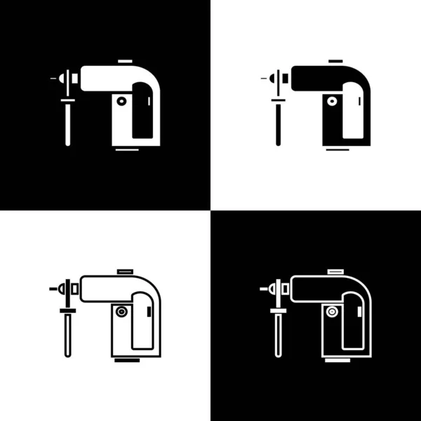 Set Electric martello rotante trapano icona della macchina isolato su sfondo bianco e nero. Strumento di lavoro per lavori di costruzione, finitura, riparazione. Illustrazione vettoriale — Vettoriale Stock