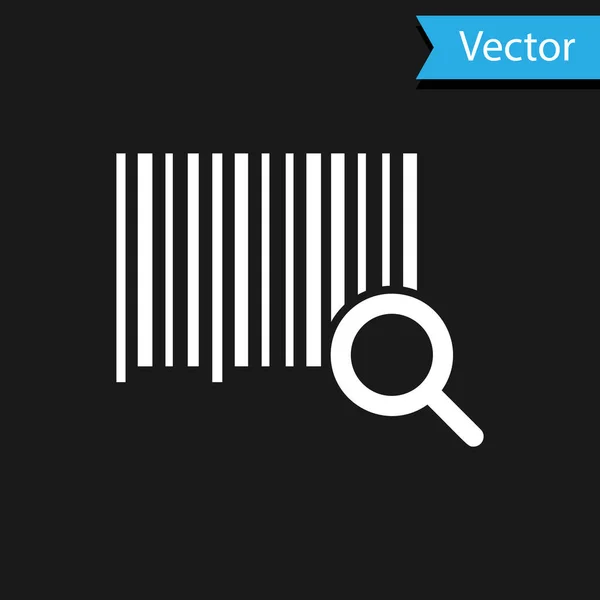 Weiße Suche Barcode-Symbol isoliert auf schwarzem Hintergrund. Lupe sucht Barcode. Aufkleber mit Barcode-Etiketten. Forschung Barcode. Vektorillustration — Stockvektor