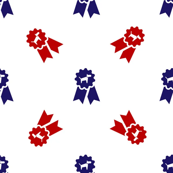 Niebieski i czerwony symbol nagrody Pies ikona izolowane płynny wzór na białym tle. Medal ze śladem psa jako koncepcja zwycięzcy wystawy zwierząt domowych. Ilustracja wektora — Wektor stockowy