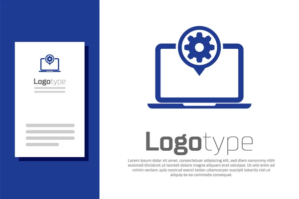 Laptop azul e ícone de engrenagem isolado no fundo branco. Conceito de serviço de laptop. Ajustar aplicativo, opções de configuração, manutenção, reparação, fixação. Elemento de modelo de design de logotipo. Ilustração vetorial —  Vetores de Stock