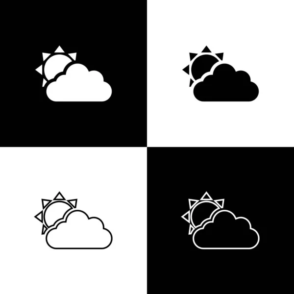 Impostare Sole e nube icona meteo isolato su sfondo bianco e nero. Illustrazione vettoriale — Vettoriale Stock