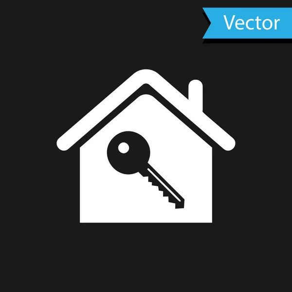 Белый дом с ключевой иконкой на черном фоне. Концепция дома "под ключ". Векторная миграция — стоковый вектор