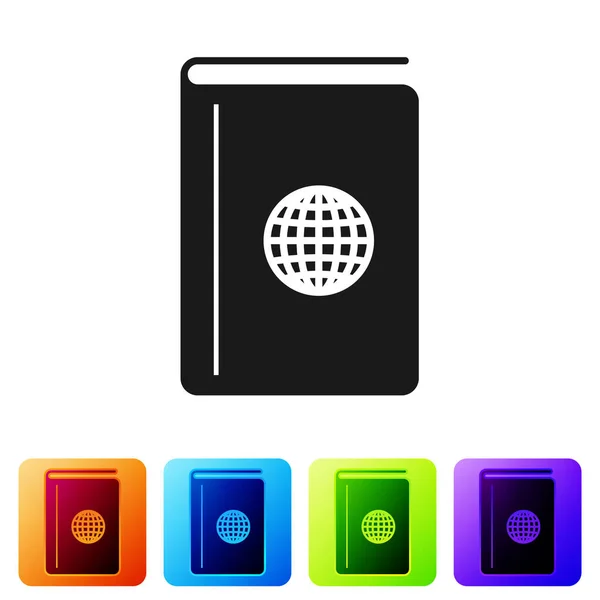 Livre de couverture noir icône de guide de voyage isolé sur fond blanc. Définir des icônes dans des boutons carrés de couleur. Illustration vectorielle — Image vectorielle