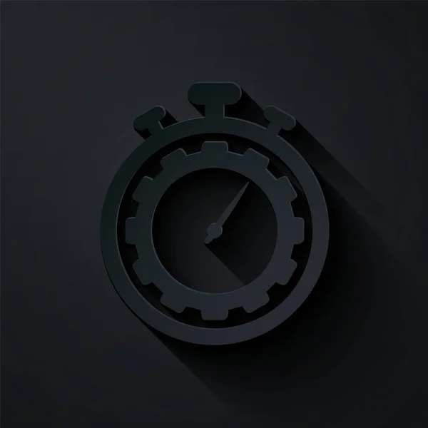 Papel cortado ícone Gerenciamento de Tempo isolado no fundo preto. Relógio e sinal de marcha. Símbolo de produtividade. Estilo de arte de papel. Ilustração vetorial — Vetor de Stock