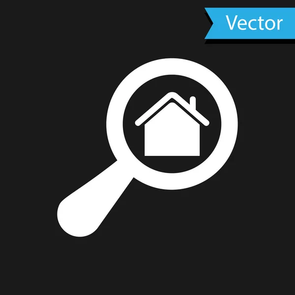 White Search house icon isolated on black background. Real estate symbol of a house under magnifying glass. Vector Illustration — Stock Vector