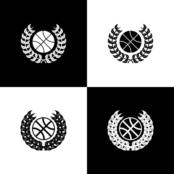 Set Award con icono de pelota de baloncesto aislado sobre fondo blanco y negro. Corona de laurel. Trofeo ganador. Campeonato o trofeo de competición. Ilustración vectorial — Archivo Imágenes Vectoriales